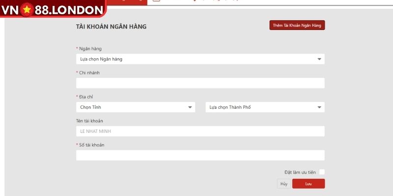 Không thêm được ngân hàng khi rút tiền VN88